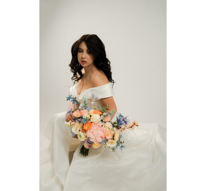 Colorful Faux Bridal Bouquet – Peach, Dusty Blue, Ivory & Orange Bridesmaid Bouquet