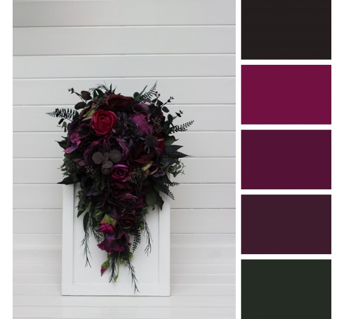 Purple, Magenta, Black & Green Cascading Bridal Bouquet | Faux Wedding & Bridesmaid Bouquets