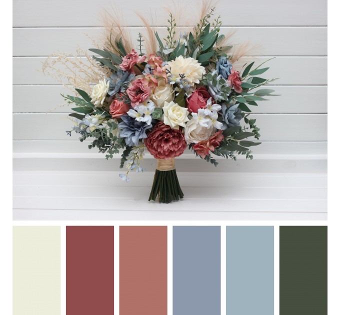 Ivory, Dusty Blue & Dusty Rose Bridal & Bridesmaid Bouquets with Pampas Grass | Boho Faux Wedding Flowers