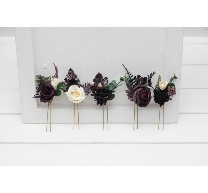 Set of 5 Hair Pins in Purple, Black, Ivory & Green | Faux Flower Wedding Hair Accessories