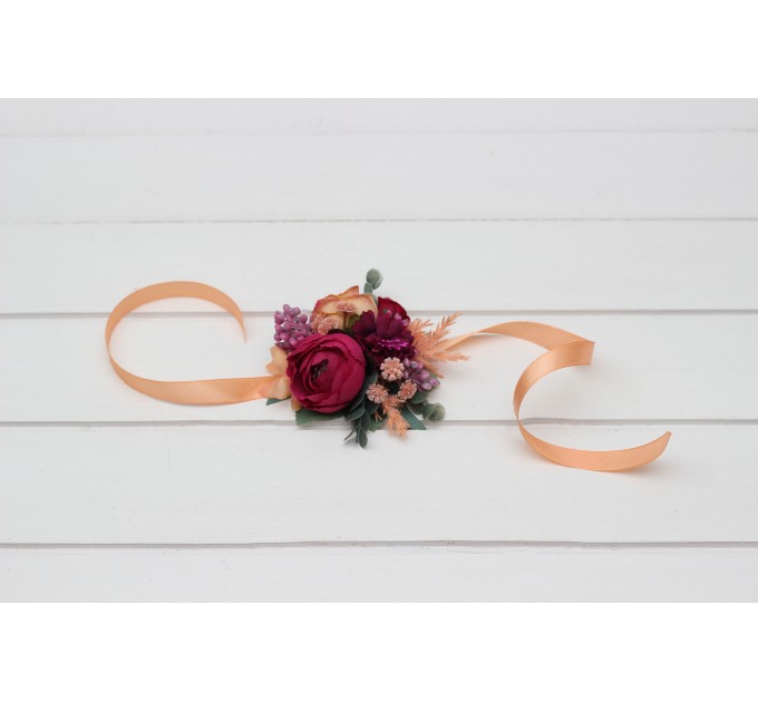 Wedding boutonnieres and wrist corsage in magenta peach coral color scheme. Flower accessories. 5295
