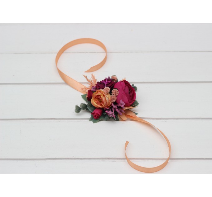Wedding boutonnieres and wrist corsage in magenta peach coral color scheme. Flower accessories. 5295