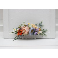 Flower comb in peach dusty blue ivory orange color scheme. Wedding accessories for hair. Colorful bridal flower comb. Wildflowers floral comb. 5364