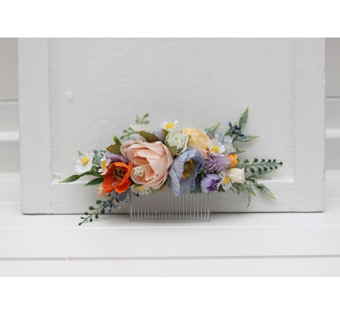 Flower Comb in Peach, Dusty Blue, Ivory & Orange | Wedding Hair Accessories | Wildflower Bridal Floral Comb