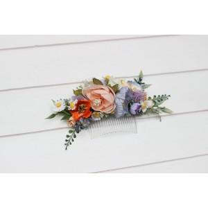 Flower comb in peach dusty blue ivory orange color scheme. Wedding accessories for hair. Colorful bridal flower comb. Wildflowers floral comb. 5364