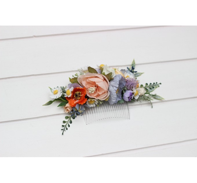 Flower Comb in Peach, Dusty Blue, Ivory & Orange | Wedding Hair Accessories | Wildflower Bridal Floral Comb