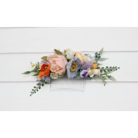 Flower comb in peach dusty blue ivory orange color scheme. Wedding accessories for hair. Colorful bridal flower comb. Wildflowers floral comb. 5364