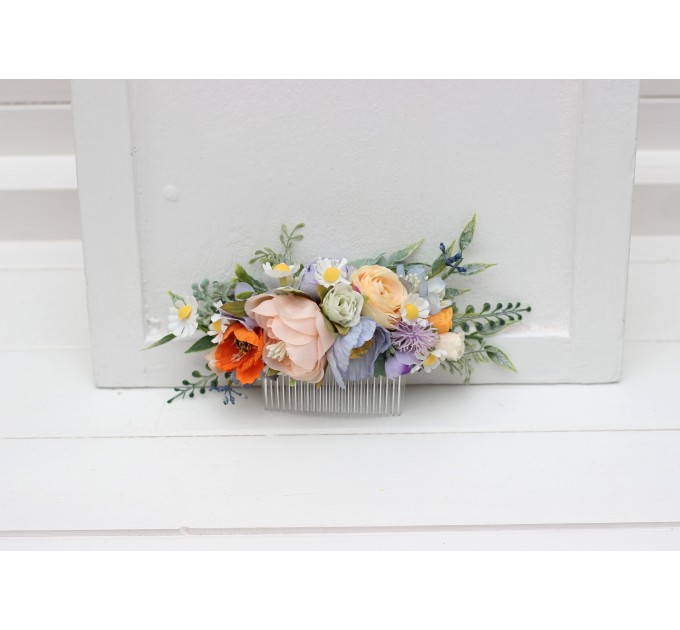 Flower Comb in Peach, Dusty Blue, Ivory & Orange | Wedding Hair Accessories | Wildflower Bridal Floral Comb