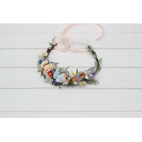 Wildflowers flower crown Colorful flower crown Flower girl crown Peach orange dusty blue ivory lilac flowers. 5364