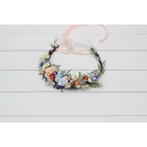 Wildflowers flower crown Colorful flower crown Flower girl crown Peach orange dusty blue ivory lilac flowers. 5364