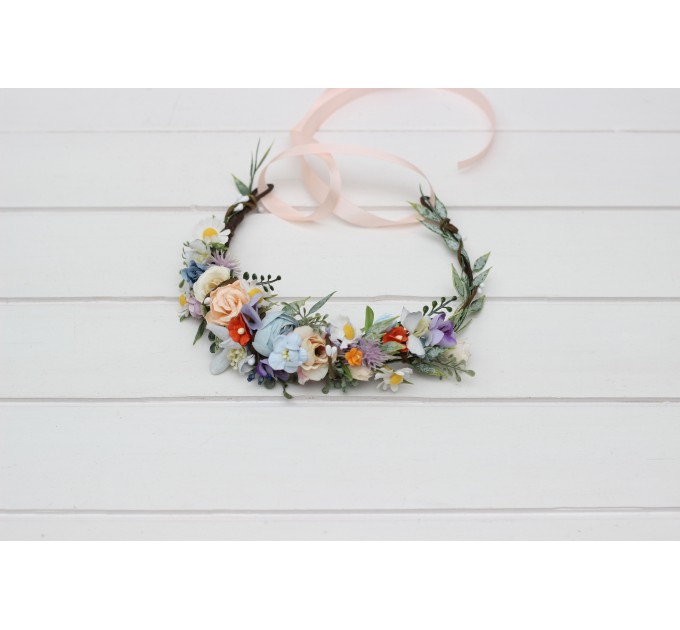 Wildflower Flower Crown | Colorful Peach, Orange, Dusty Blue, Ivory & Lilac Flowers | Flower Girl Crown