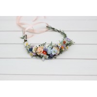 Wildflowers flower crown Colorful flower crown Flower girl crown Peach orange dusty blue ivory lilac flowers. 5364