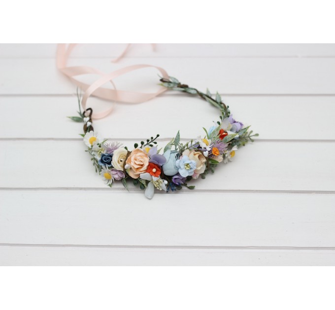 Wildflower Flower Crown | Colorful Peach, Orange, Dusty Blue, Ivory & Lilac Flowers | Flower Girl Crown