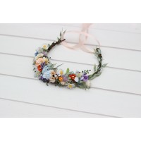 Wildflowers flower crown Colorful flower crown Flower girl crown Peach orange dusty blue ivory lilac flowers. 5364