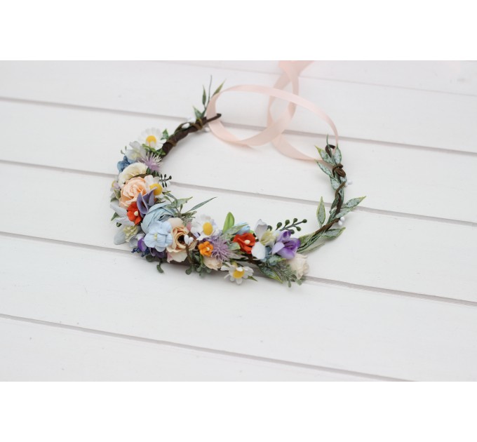 Wildflower Flower Crown | Colorful Peach, Orange, Dusty Blue, Ivory & Lilac Flowers | Flower Girl Crown