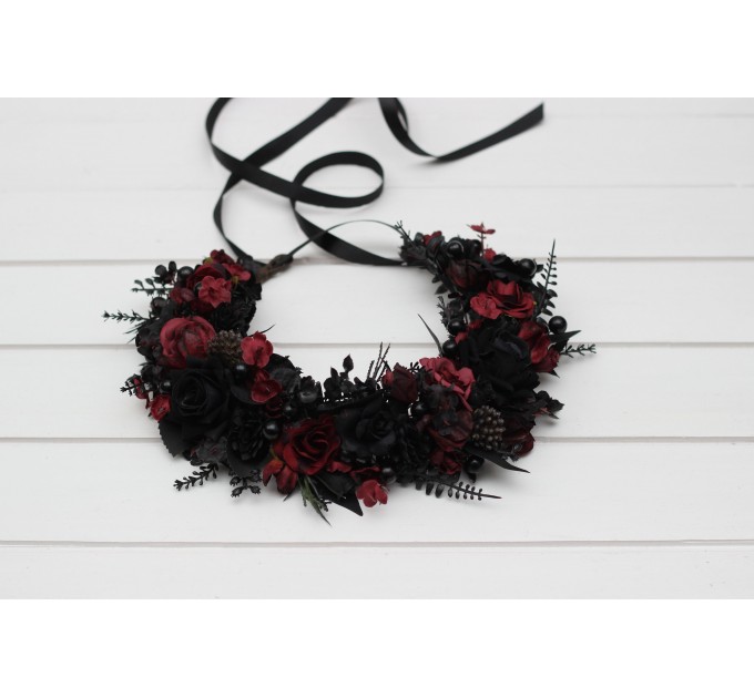 Black & Burgundy Flower Crown | Faux Hair Wreath for Weddings & Halloween | Flower Girl Crown