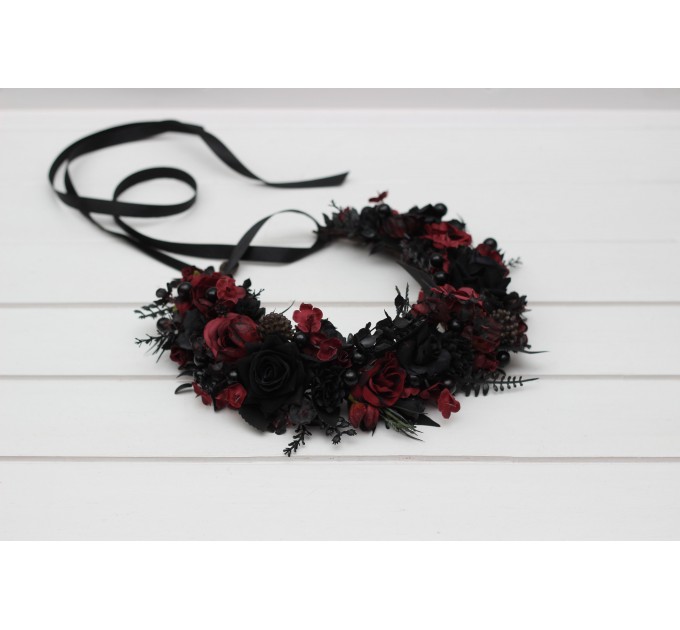 Black & Burgundy Flower Crown | Faux Hair Wreath for Weddings & Halloween | Flower Girl Crown