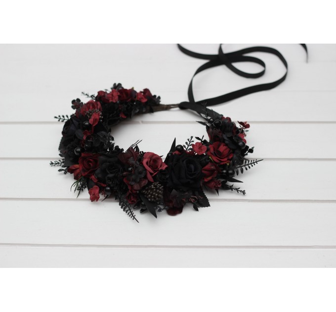 Black & Burgundy Flower Crown | Faux Hair Wreath for Weddings & Halloween | Flower Girl Crown