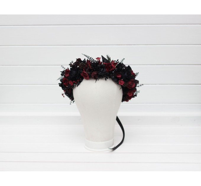 Black & Burgundy Flower Crown | Faux Hair Wreath for Weddings & Halloween | Flower Girl Crown