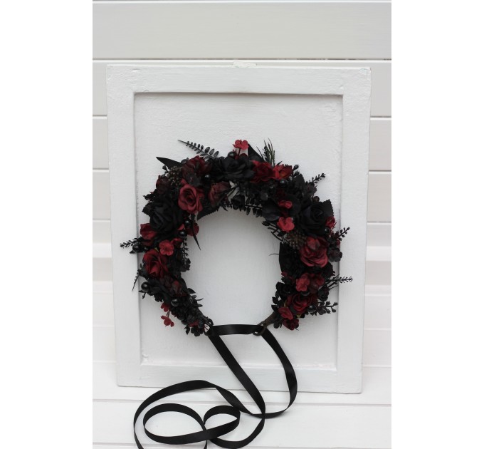 Black & Burgundy Flower Crown | Faux Hair Wreath for Weddings & Halloween | Flower Girl Crown