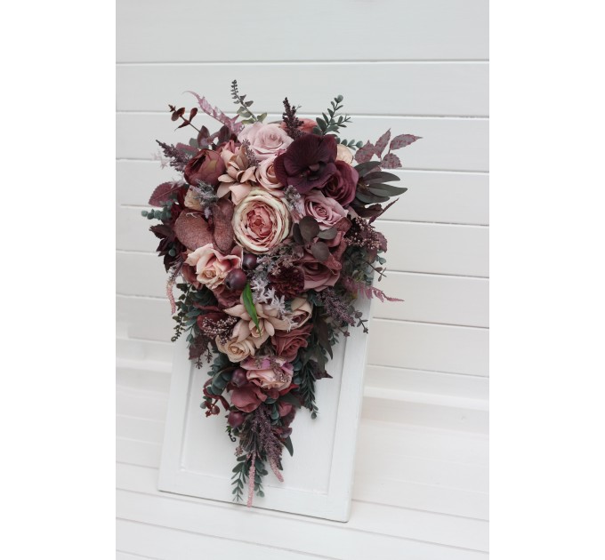Bridal Cascade Bouquet in Mauve, Purple & Beige | Faux Wedding Flowers for Bridesmaid Bouquet