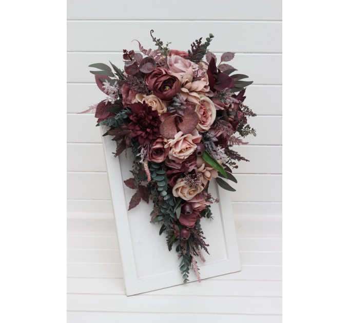 Bridal Cascade Bouquet in Mauve, Purple & Beige | Faux Wedding Flowers for Bridesmaid Bouquet