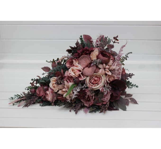 Bridal Cascade Bouquet in Mauve, Purple & Beige | Faux Wedding Flowers for Bridesmaid Bouquet
