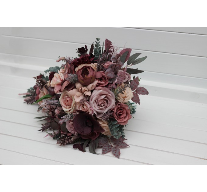 Bridal Cascade Bouquet in Mauve, Purple & Beige | Faux Wedding Flowers for Bridesmaid Bouquet