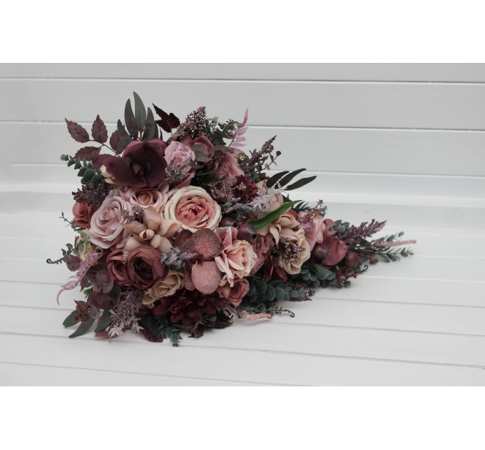 Bridal Cascade Bouquet in Mauve, Purple & Beige | Faux Wedding Flowers for Bridesmaid Bouquet