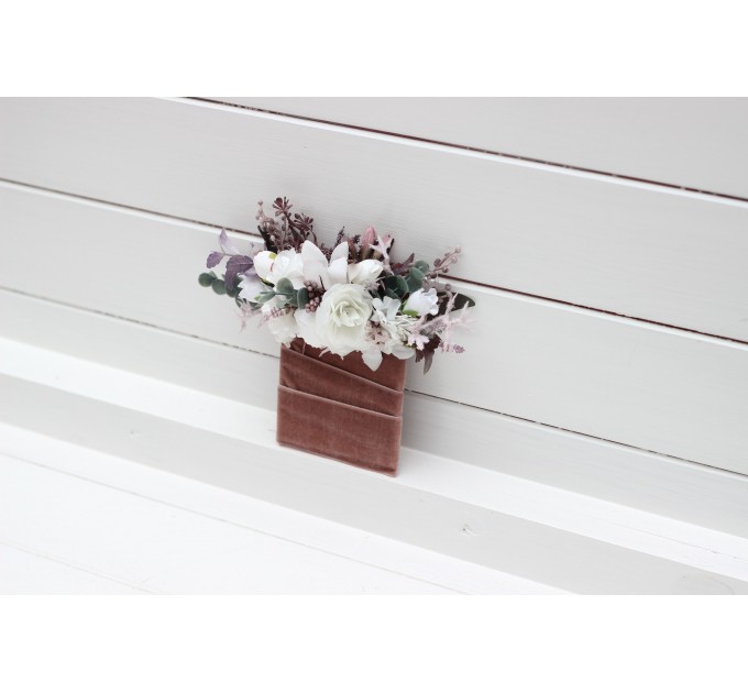 Pocket Boutonnieres in Mauve, Purple, Beige & White | Faux Flower Accessories for Wedding