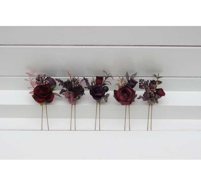 Set of 5 Hair Pins in Purple, Burgundy & Gold | Wedding Flower Hair Accessories
