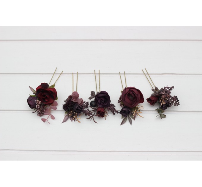 Set of 5 Hair Pins in Purple, Burgundy & Gold | Wedding Flower Hair Accessories