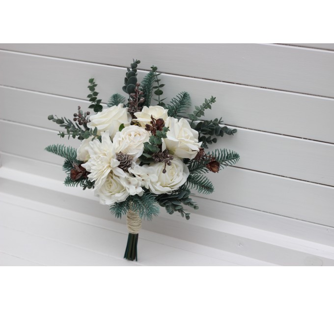 Winter Wedding Bouquets with Pine Branches in White | Faux Bridal & Bridesmaid Bouquets