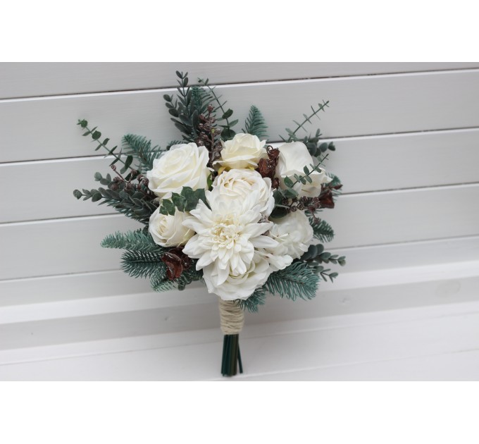 Winter Wedding Bouquets with Pine Branches in White | Faux Bridal & Bridesmaid Bouquets