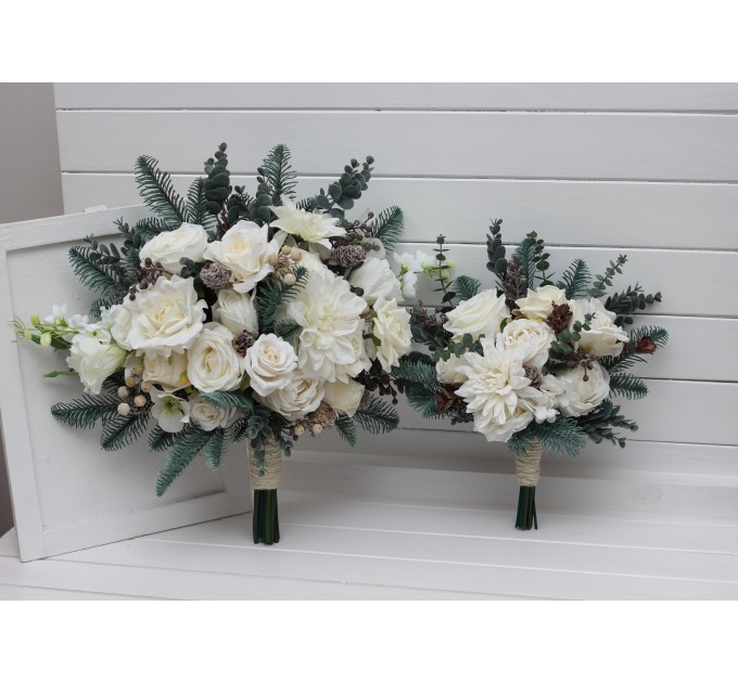 Winter Wedding Bouquets with Pine Branches in White | Faux Bridal & Bridesmaid Bouquets