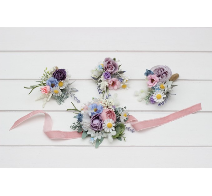 Wedding Boutonnieres & Wrist Corsage in Lilac, Ivory & Blush Pink | Faux Flower Accessories