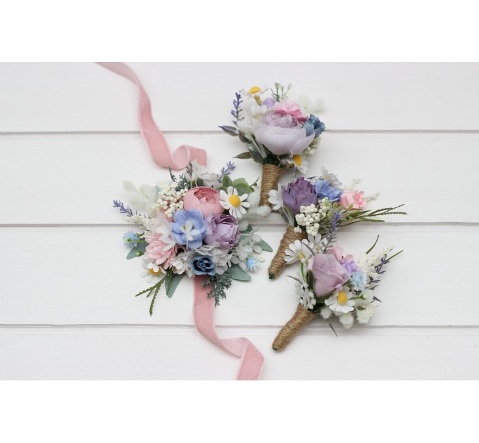 Wedding Boutonnieres & Wrist Corsage in Lilac, Ivory & Blush Pink | Faux Flower Accessories