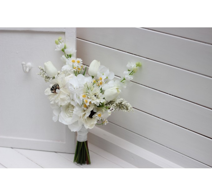 White Bridal Bouquet with Anemones, Tulips & Daisies | Faux Wildflowers