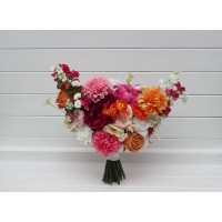 Orange magenta pink white bridal and bridesmaid bouquets. Wildflowers wedding bouquets. Faux dahlia daisy bouquet. 5400