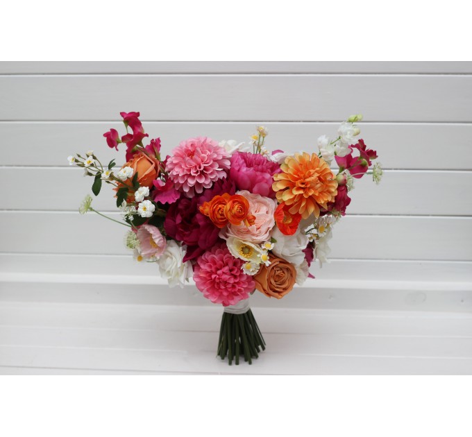 Orange, Magenta & Pink Bridal & Bridesmaid Bouquets | Wildflowers & Faux Dahlia Daisy Wedding Bouquets