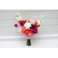Orange magenta pink white bridal and bridesmaid bouquets. Wildflowers wedding bouquets. Faux dahlia daisy bouquet. 5400