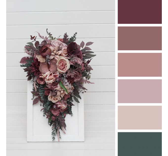 Bridal Cascade Bouquet in Mauve, Purple & Beige | Faux Wedding Flowers for Bridesmaid Bouquet
