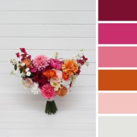 Orange magenta pink white bridal and bridesmaid bouquets. Wildflowers wedding bouquets. Faux dahlia daisy bouquet. 5400