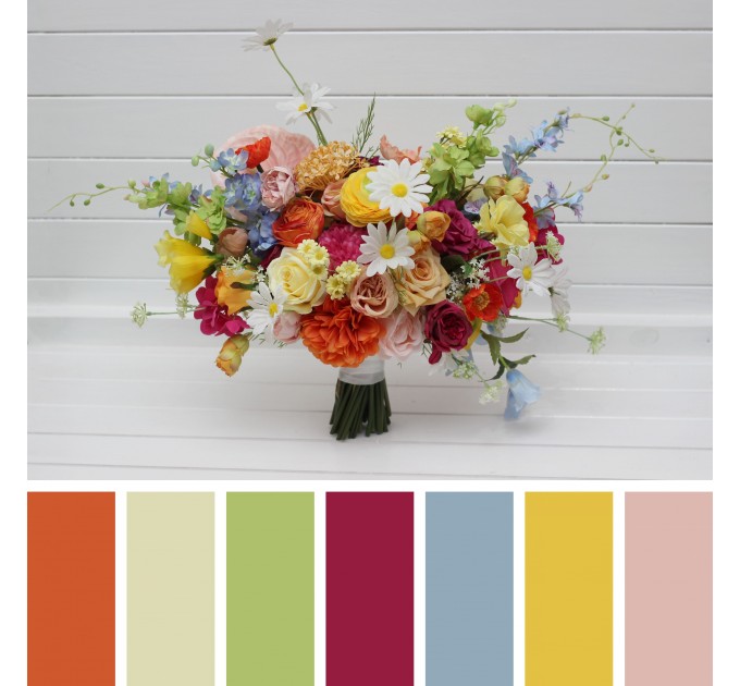 Bright Orange, Magenta, Pink & Yellow Bridal Bouquet | Summer Wildflower Faux Wedding Flowers