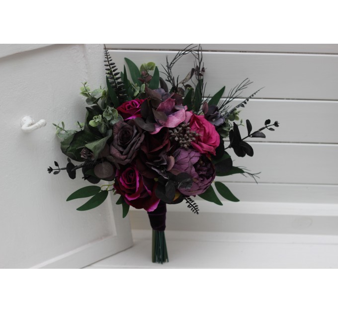 Purple, Magenta, Black & Green Cascading Bridal Bouquet | Faux Wedding & Bridesmaid Bouquets