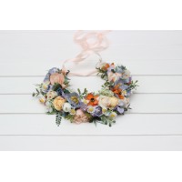 Peach orange dusty blue ivory lilac flower crown. Wildflowers hair wreath. Spring summer boho wedding. Colorful floral crown. 5364
