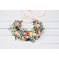Peach orange dusty blue ivory lilac flower crown. Wildflowers hair wreath. Spring summer boho wedding. Colorful floral crown. 5364