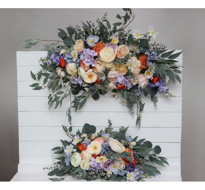 Pastel Wildflower Arch Flowers | Peach, Orange, Dusty Blue, Ivory & Lilac Wedding Arrangement