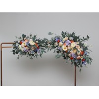 Pastel arch flowers.  Wildflowers wedding arrangement. Colorful floral archway. Peach orange dusty blue ivory lilac wedding. Faux flowers for arbor.  5364