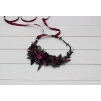 Black purple magenta flower crown. Hair wreath for wedding or Gothic Halloween ceremony.5370